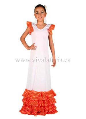 White flamenco dance dress for girls with orange ruffles