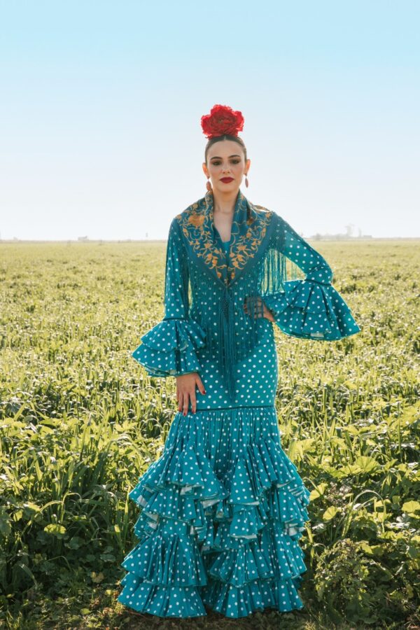 Ecru polka dot blue flamenco dress model Lola Errepé Collection