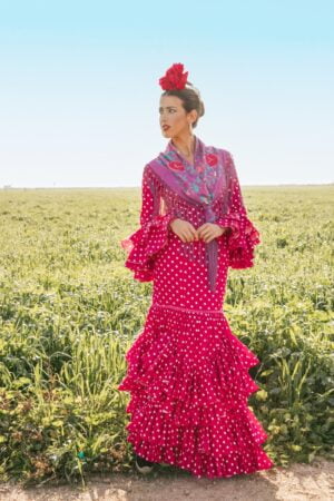 Ecru burgundy polka dot flamenco dress model Lola Errepé Collection