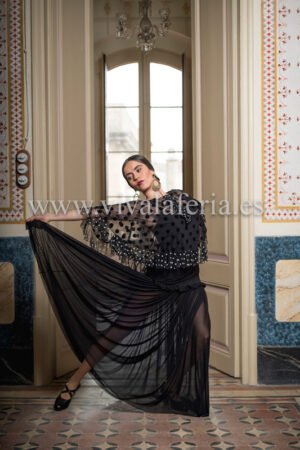 Falda alta de baile flamenco negra con tul modelo Seche