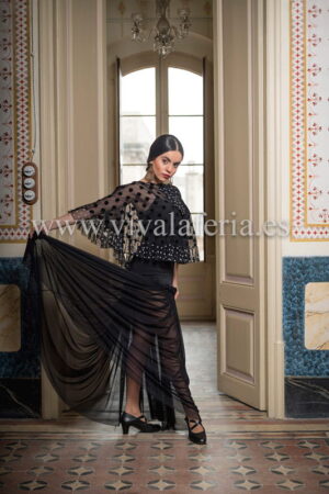 Falda alta de baile flamenco negra con tul modelo Seche