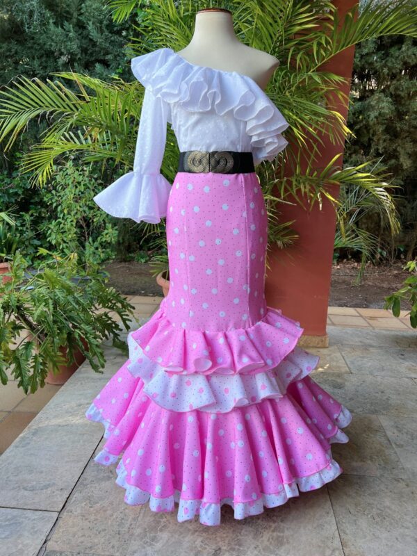 Jupe Rociera rose à pois modèle Malaga