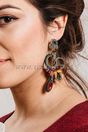 Long green tones and red stones flamenco jewelry earrings