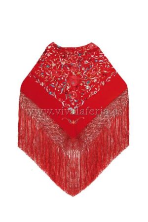 Mantón de manila  rojo con flecos y bordados florales