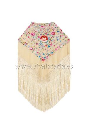 Mantón de manila seda natural crudo con bordados y gran enrejado de flecos