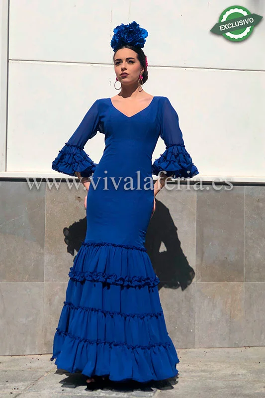 Abito da flamenco canastero economico in chiffon blu elettrico
