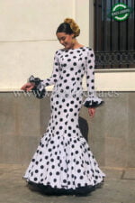 Vestido de flamenco barato branco de bolinhas pretas modelo Reina