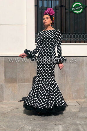 Robe de flamenco à pois noir et blanc pas cher modèle Reina