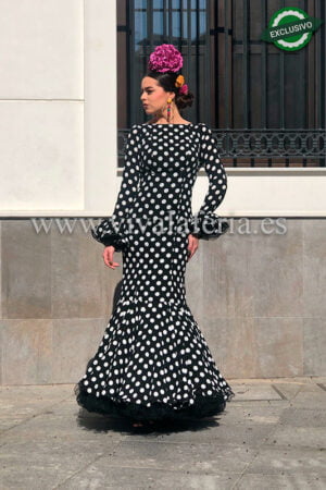 Vestido de flamenco de bolinhas preto e branco barato modelo Reina