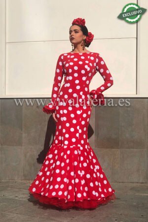 Vestido de flamenco de bolinhas vermelhas e brancas barato modelo Reina